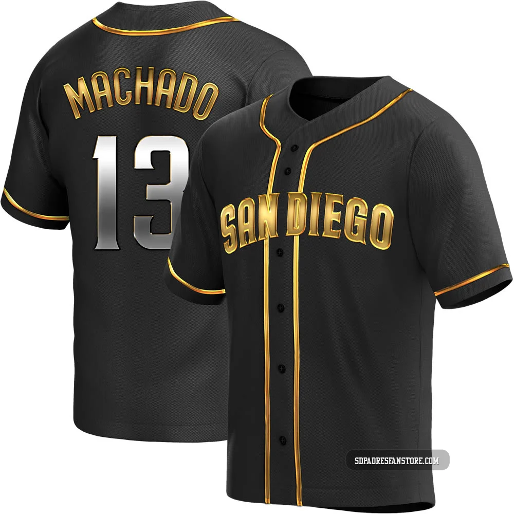 San Diego Padres ＃13 Manny Machado Men's Gold Replica Black en Alternate Jersey