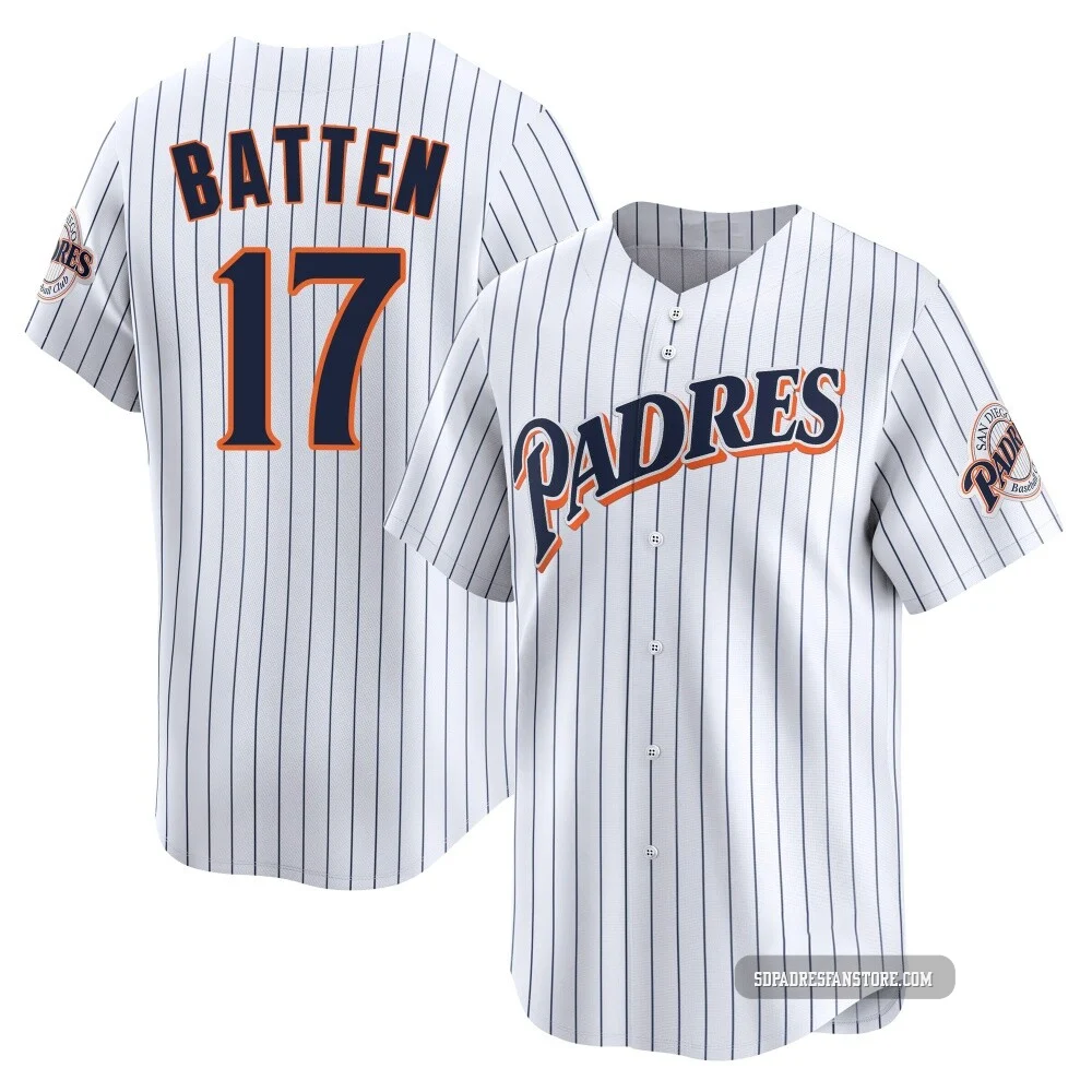 San Diego Padres ＃17 Matthew Batten Men's White Limited Cooperstown Collection Jersey