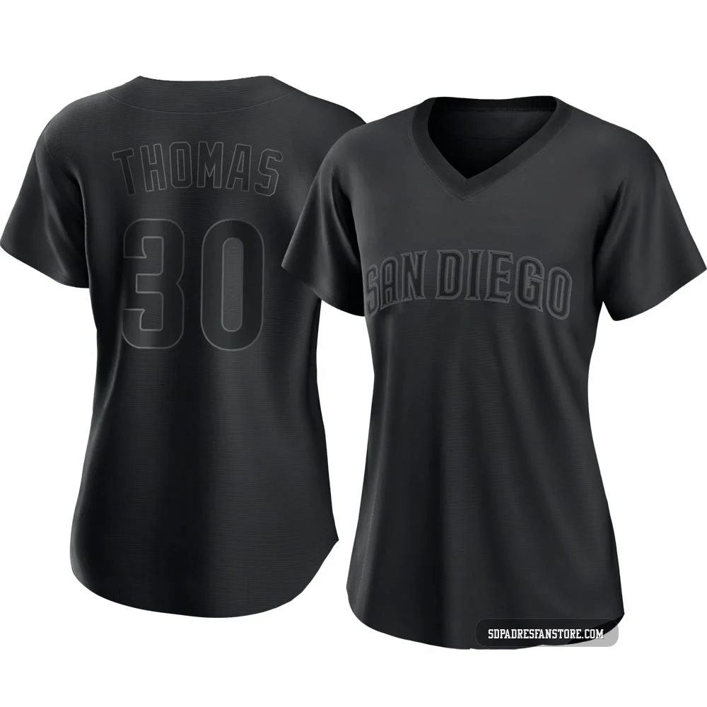 San Diego Padres ＃30 Derrel Thomas Women's Black Authentic Pitch Fashion Jersey