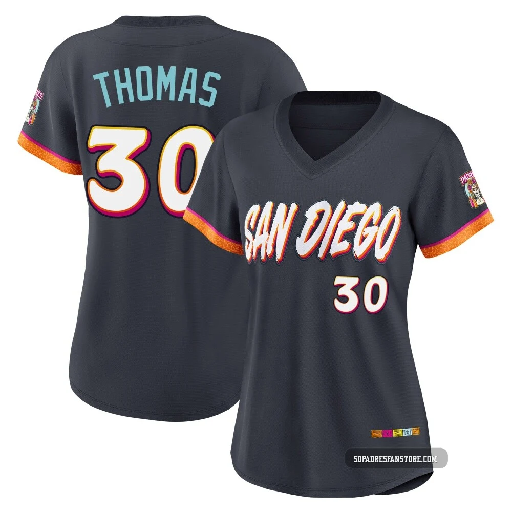 San Diego Padres ＃30 Derrel Thomas Women's Limited Obsidian 2026 City Connect Stadium Jersey