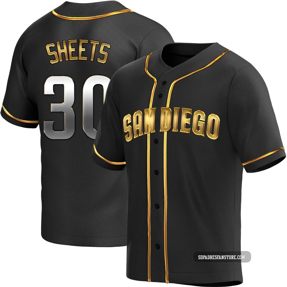 San Diego Padres ＃30 Gavin Sheets Youth Gold Replica Black en Alternate Jersey