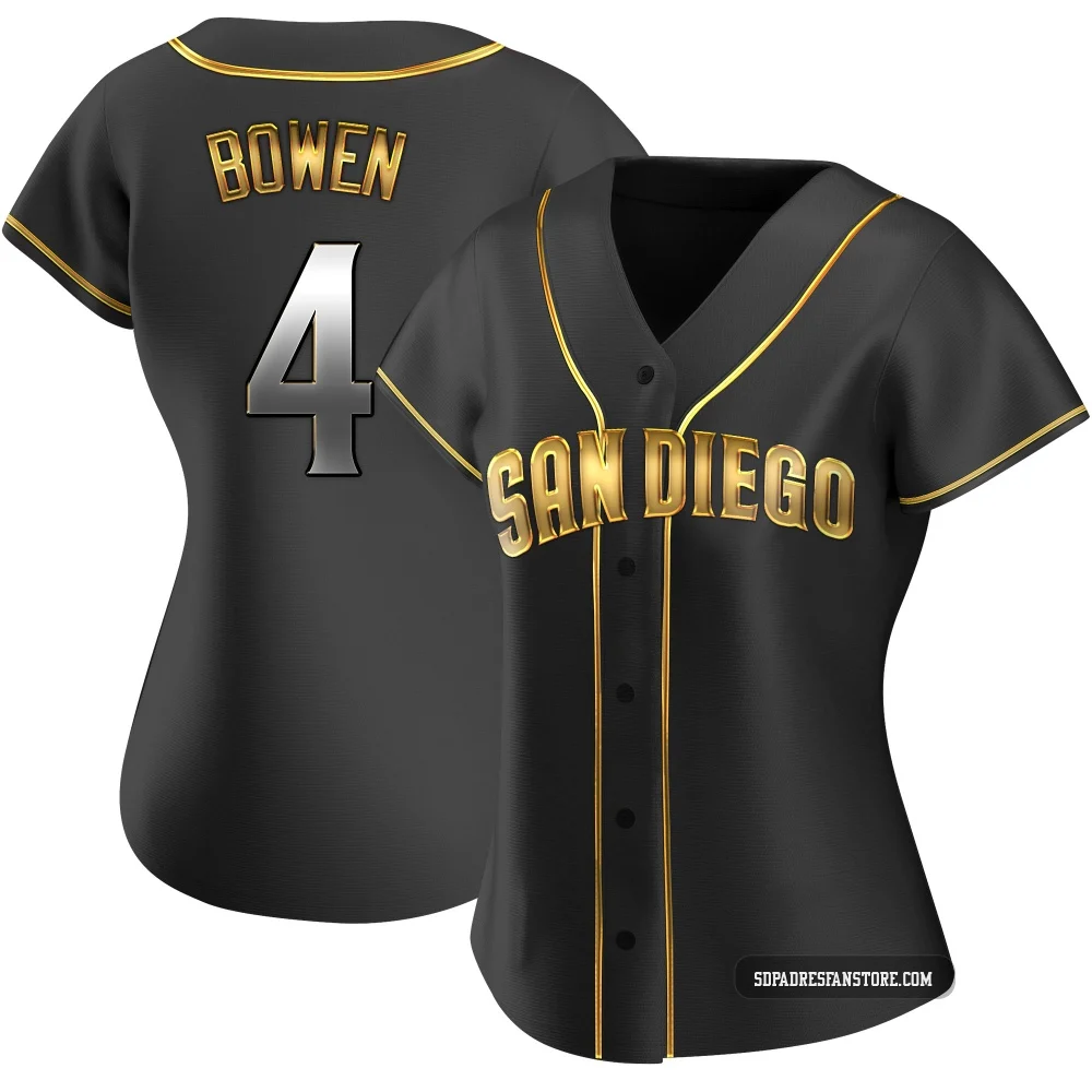 San Diego Padres ＃4 Jase Bowen Women's Gold Replica Black en Alternate Jersey