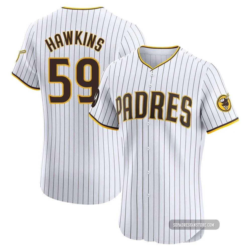 San Diego Padres ＃59 Garrett Hawkins Men's White Elite Home Patch Jersey