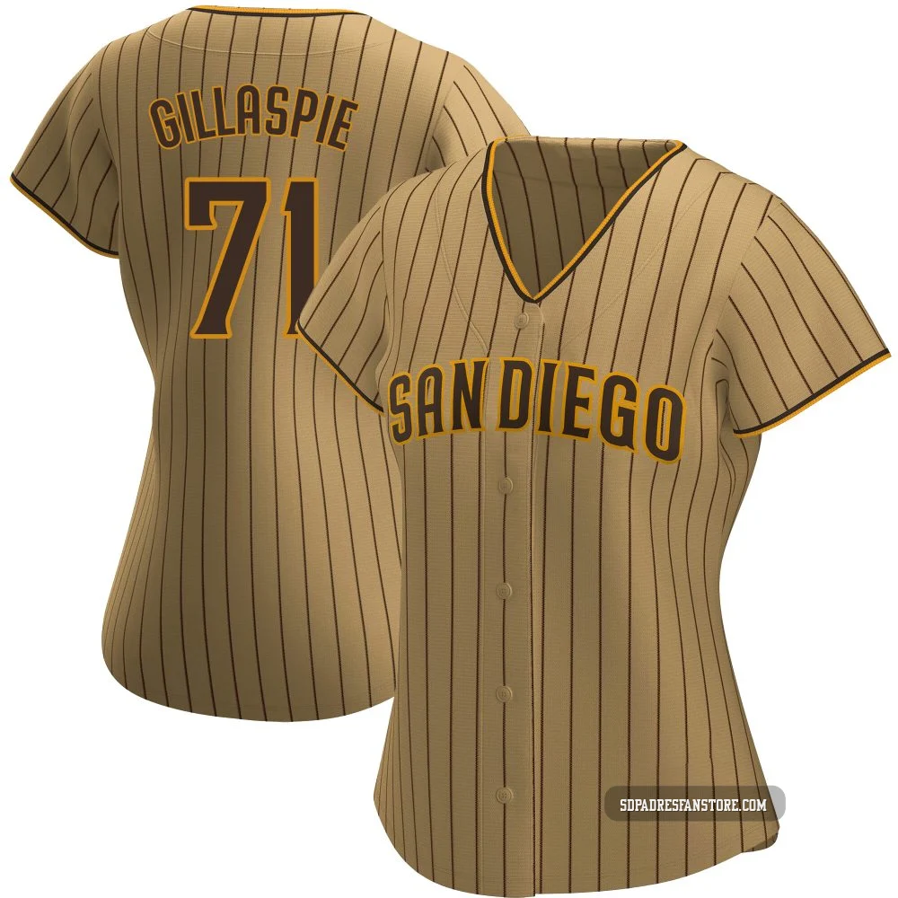 San Diego Padres ＃71 Logan Gillaspie Women's Tan/Brown Replica Alternate Jersey
