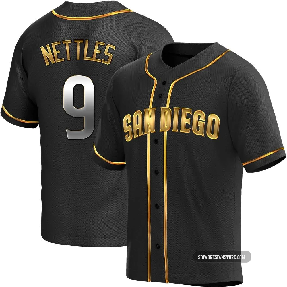 San Diego Padres ＃9 Graig Nettles Men's Gold Replica Black en Alternate Jersey