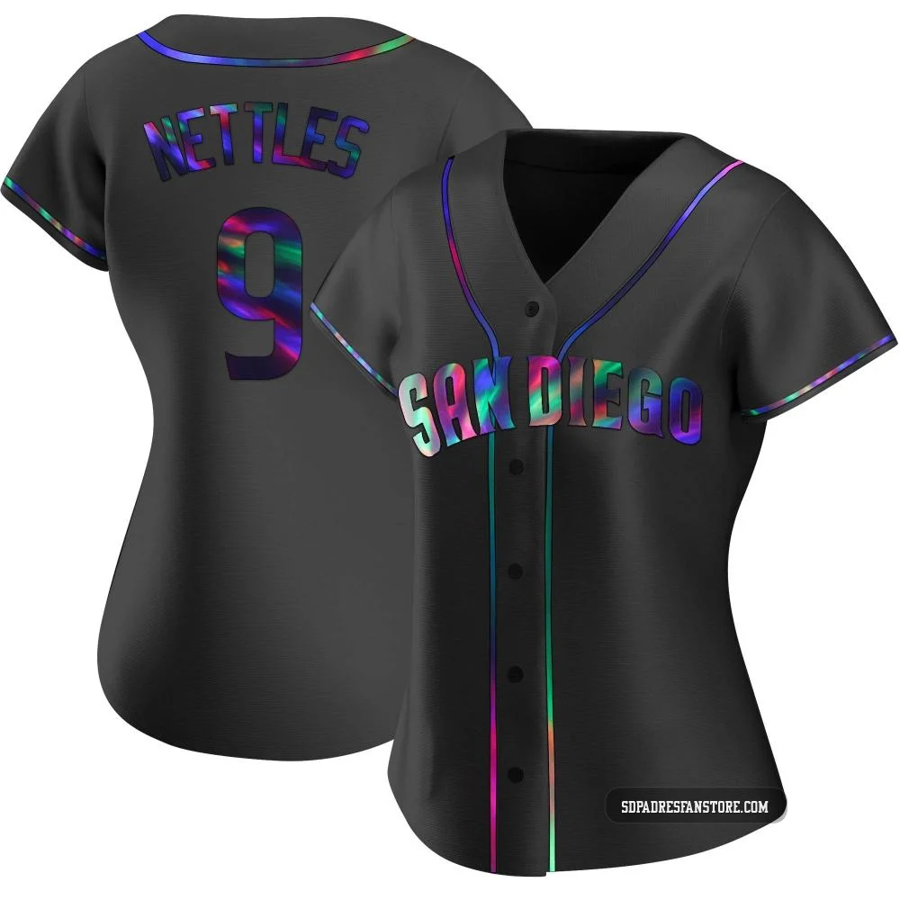 San Diego Padres ＃9 Graig Nettles Women's Black Replica Holographic Alternate Jersey