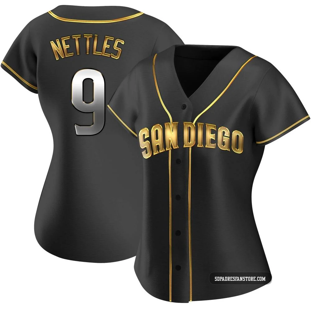 San Diego Padres ＃9 Graig Nettles Women's Gold Replica Black en Alternate Jersey