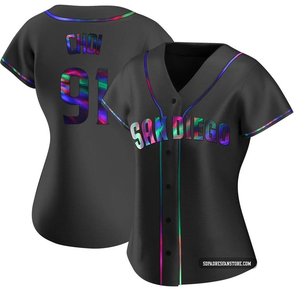 San Diego Padres ＃91 Ji Man Choi Women's Black Replica Holographic Alternate Jersey